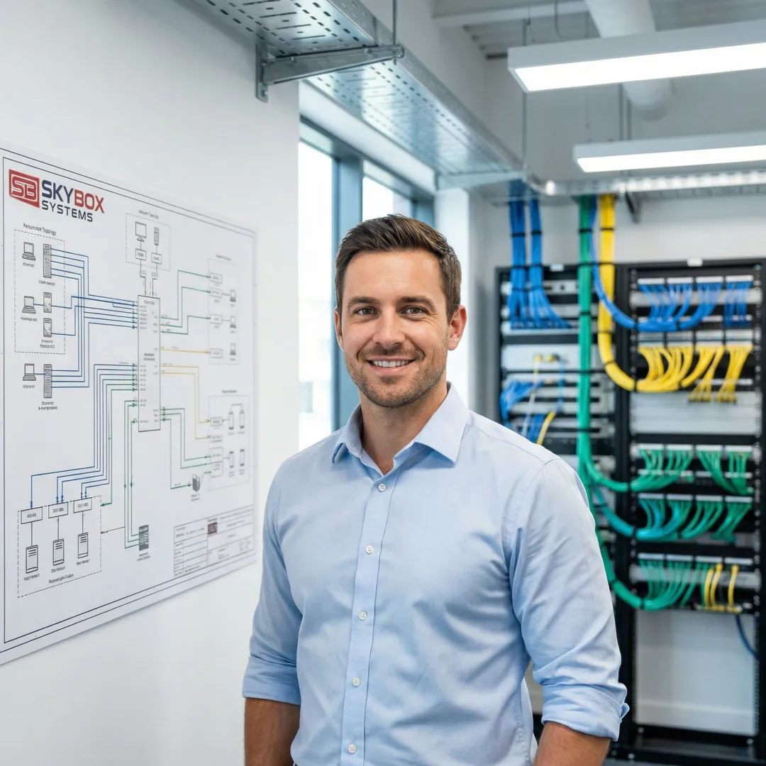 Professional network cabling consultant reviewing infrastructure blueprint with cable management system