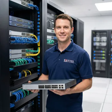 Network technician performing hardware upgrade in Jacksonville server room