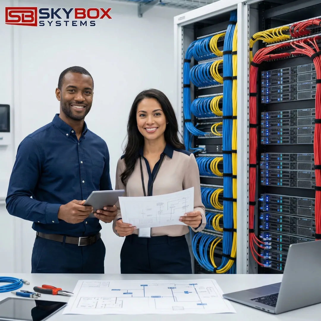 Technicians planning network infrastructure upgrade with blueprints and equipment