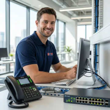 Professional IT technician configuring network devices in modern Jacksonville office environment