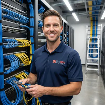 Professional network installation technician installing structured cabling in modern office server room