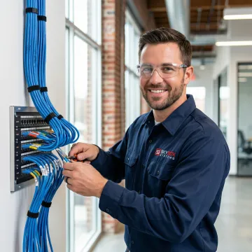 Professional network cabling technician installing structured Cat6 wiring in Atlanta office