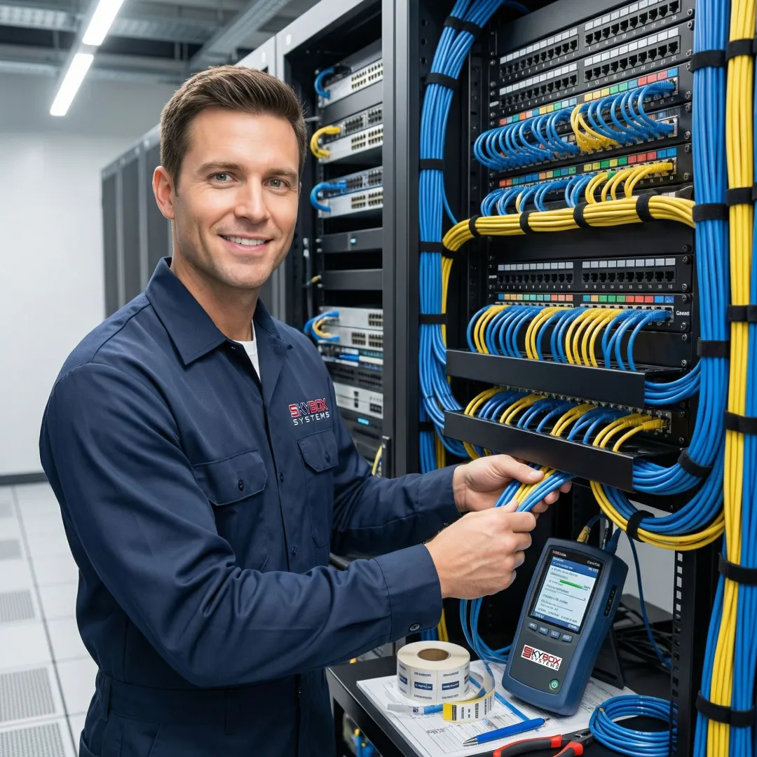 Technician installing structured cabling in communications room