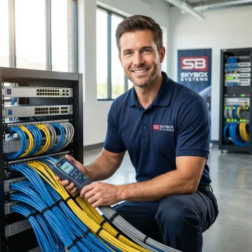 Professional network technician installing structured cabling in modern Jacksonville office