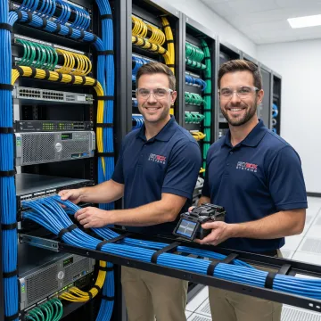 Enterprise network infrastructure installation with structured cabling and rack systems