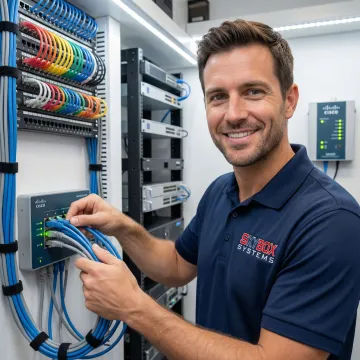 Network engineer configuring Cisco security module in communications room