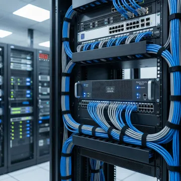 Cisco network security module installed in enterprise server rack with structured cabling