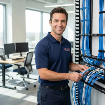 Professional network technician installing structured data cabling in modern Atlanta office space