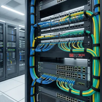 Organized fiber optic cables and network switches in enterprise communications room