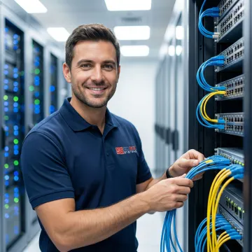Professional network technician configuring enterprise WAN infrastructure in modern server room