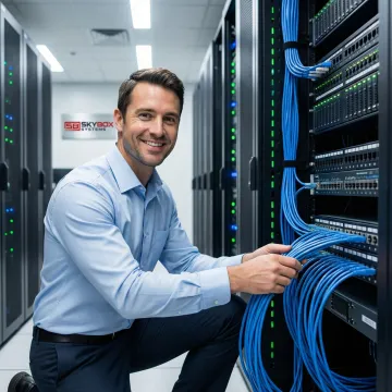 Professional network technician installing structured cabling system in modern office environment