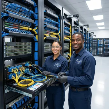 Professional network infrastructure installation showing structured cabling and network equipment