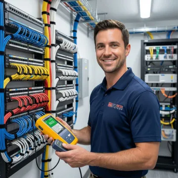 Certified technician installing enterprise network cabling with testing equipment