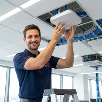 Professional technician installing enterprise wireless access point in modern Jacksonville office