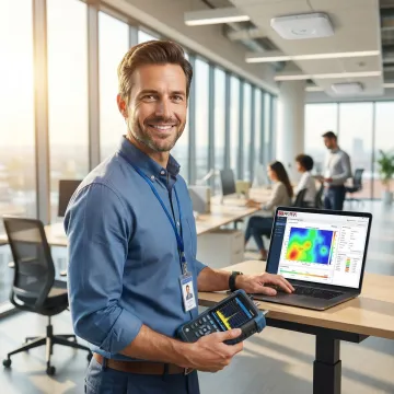 Network technician conducting wireless site survey with professional RF analysis equipment