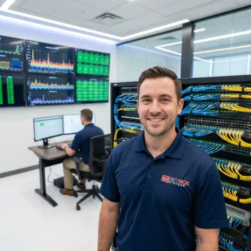 Modern network operations center with technicians monitoring computer infrastructure and structured cabling systems