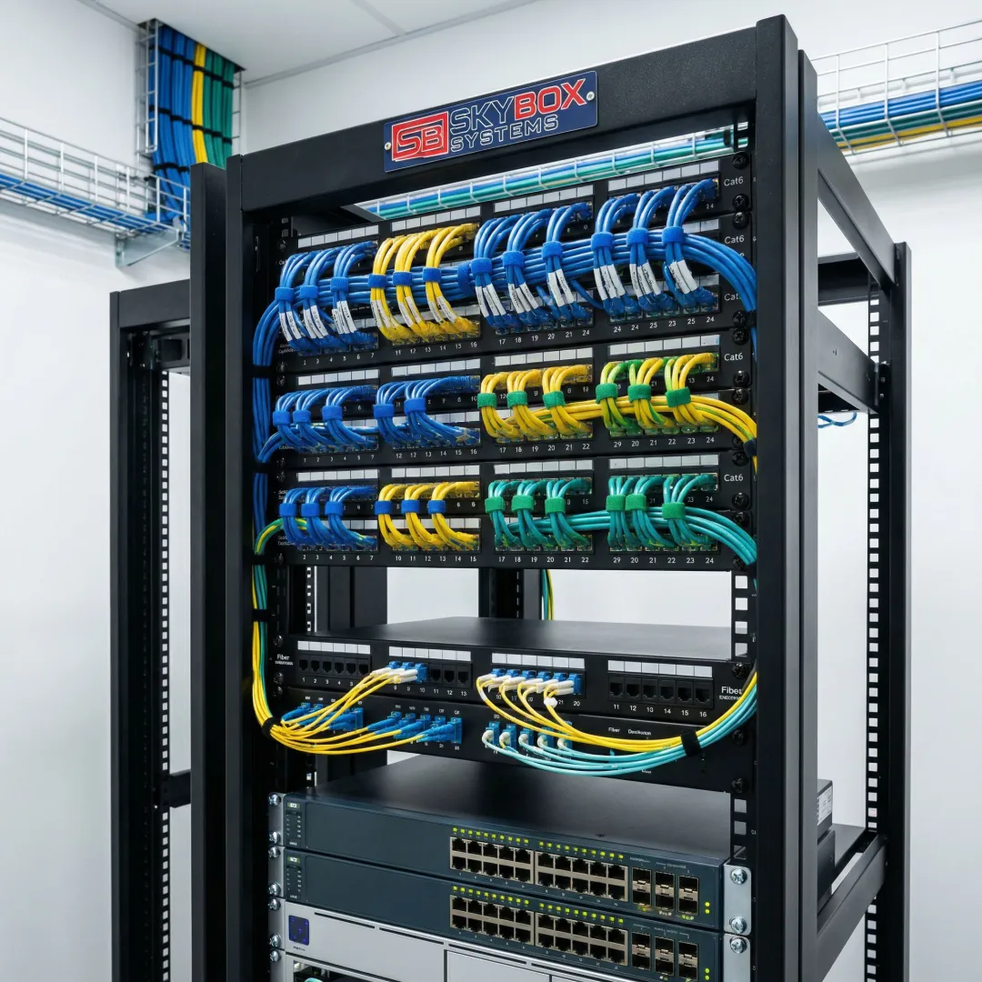 Organized network rack with labeled structured cabling and fiber optic connections