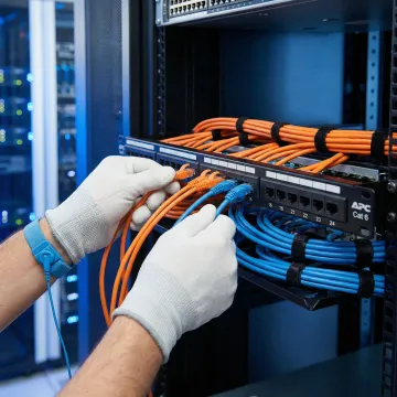 Professional technician installing APC networking cables in a structured data center environment