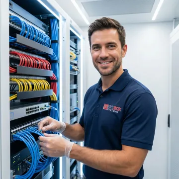 Professional technician installing structured network cabling in Jacksonville office