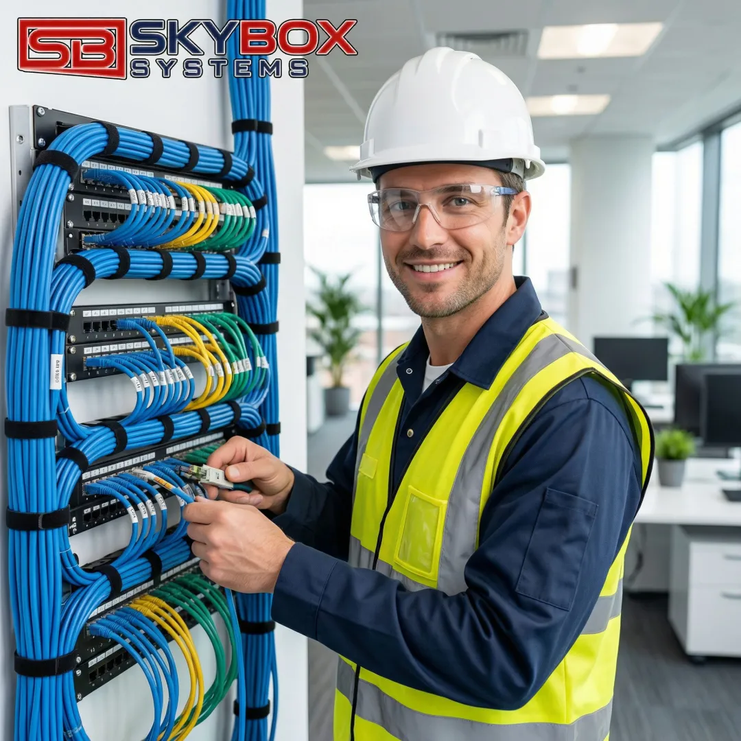 Professional technician installing structured network cabling system in modern office environment