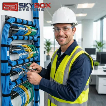 Professional technician installing structured network cabling system in modern office environment