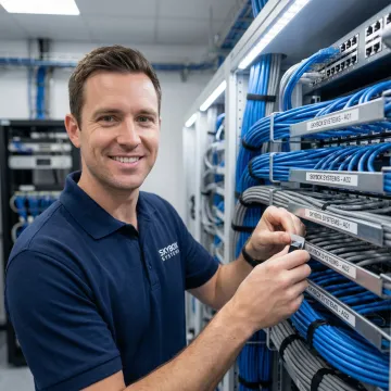 Technician applying professional identification labels to network cables in structured cabling system