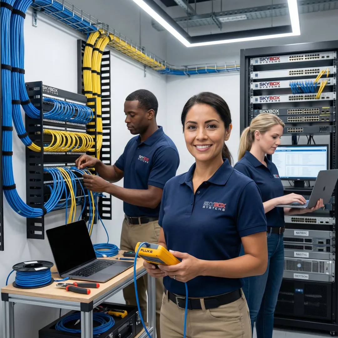 Team of certified network installers collaborating on a structured cabling project