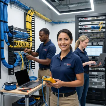 Team of certified network installers collaborating on a structured cabling project