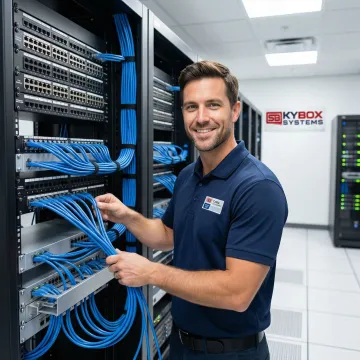 Professional technician installing Cat6a network cables in Jacksonville office