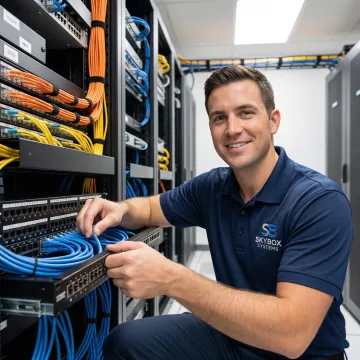 Professional technician installing structured network cabling in modern commercial office