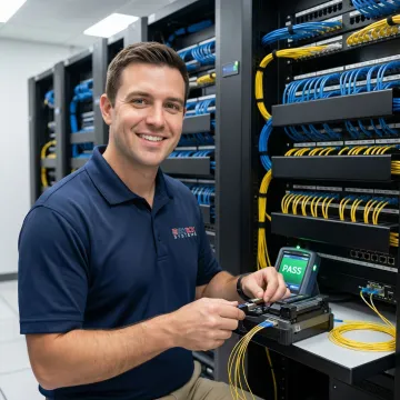 Certified technician installing network infrastructure with precision tools and equipment