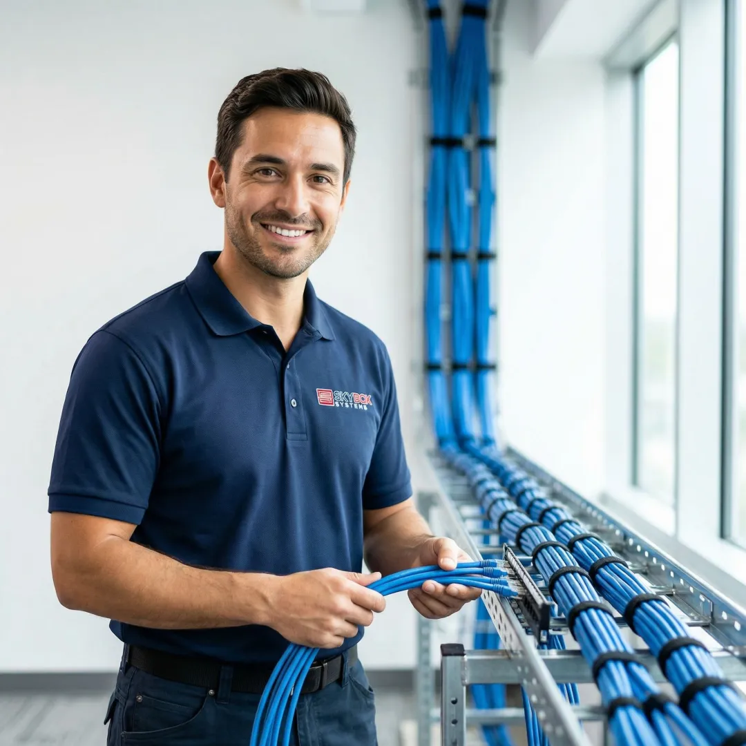Professional technician installing structured network cabling in modern office building