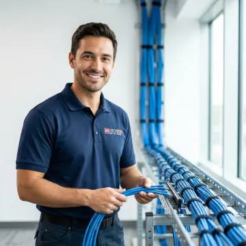 Professional technician installing structured network cabling in modern office building