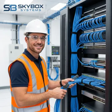 Professional network technician installing structured cabling system in Jacksonville office