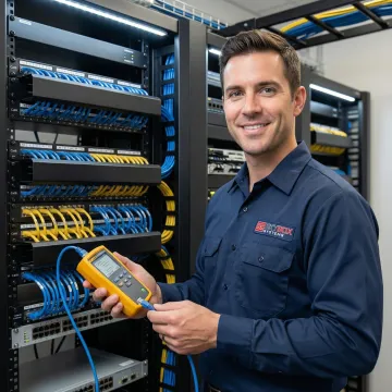 Technician repairing data network cables in commercial office