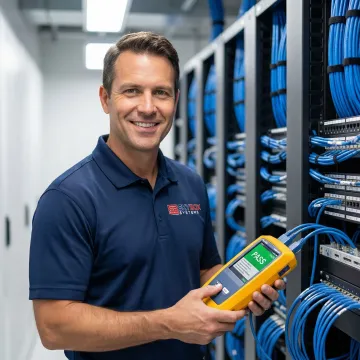 Certified technician performing cable certification test with professional equipment