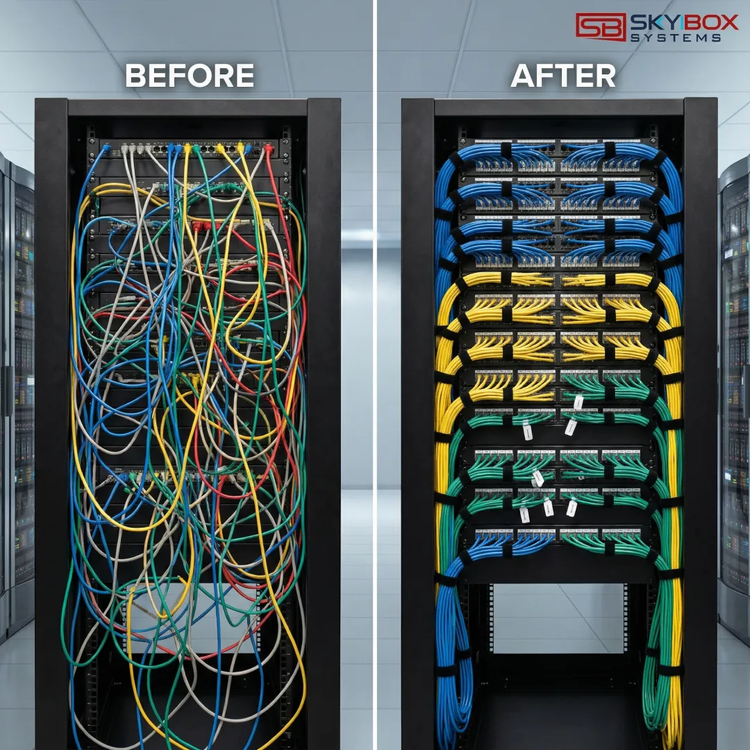 Before and after comparison of organized network cabling in data center