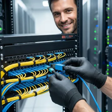 Technician installing preterminated fiber optic trunk cable into high-density patch panel
