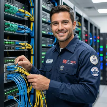 Data center technician installing structured fiber optic cabling in server rack