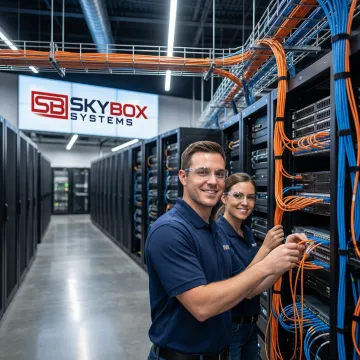 Professional data center with organized cable management and structured fiber optic infrastructure