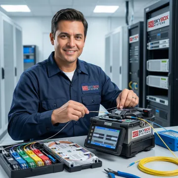 Telecommunications fiber optic cable installation with fusion splicer