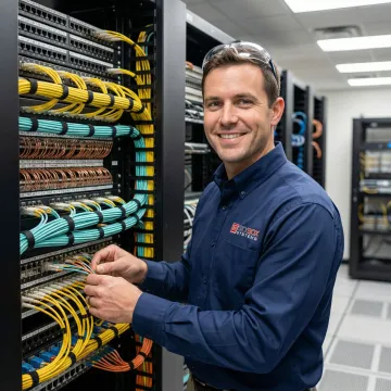 Professional technician installing DS3 cross connect cables in central office environment