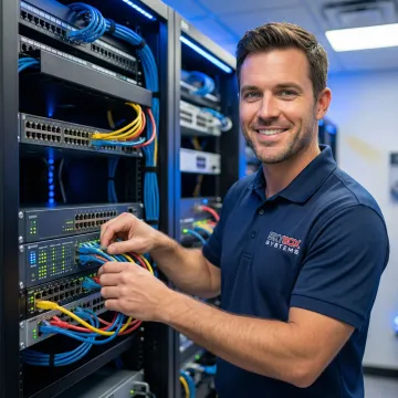 Field technician configuring network equipment in enterprise environment