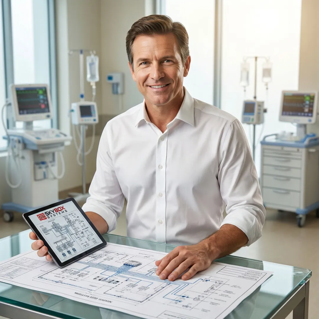 Healthcare IT consultant reviewing hospital network infrastructure plans