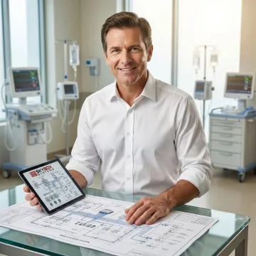 Healthcare IT consultant reviewing hospital network infrastructure plans