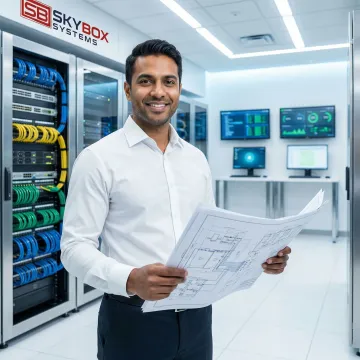 Professional IT consultant reviewing network infrastructure diagrams in modern healthcare facility server room