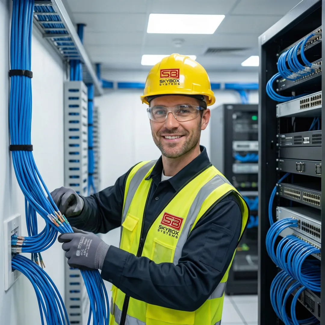 Professional network technician installing structured LAN cabling in modern Atlanta office