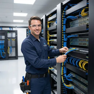 Professional IT cabling technician installing structured network cables in modern office environment