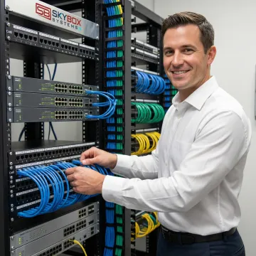 Technician performing network infrastructure installation and cable management