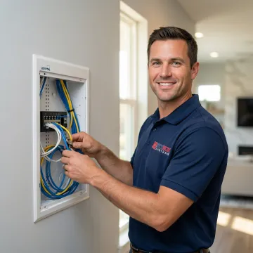 Professional installer mounting Leviton structured wiring media center enclosure in residential wall